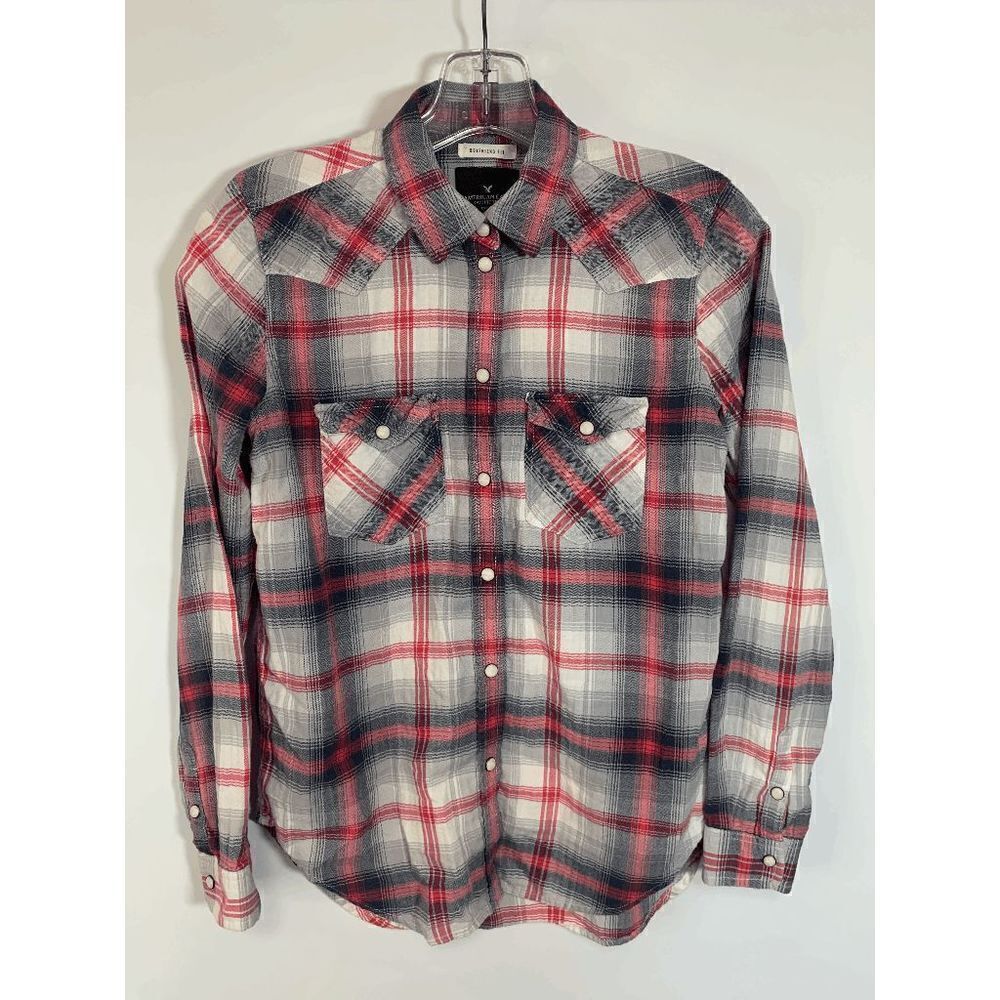 American Eagle Outfitters Women's Boyfriend Fit Tops Plaid Pearl Button Up XS
